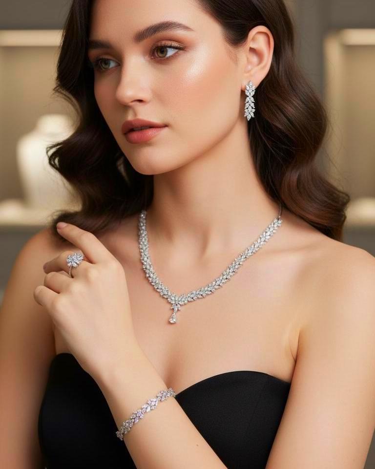 American Diamond Bridal Jewelry Set – Necklace, Earrings, Bracelet, Ring