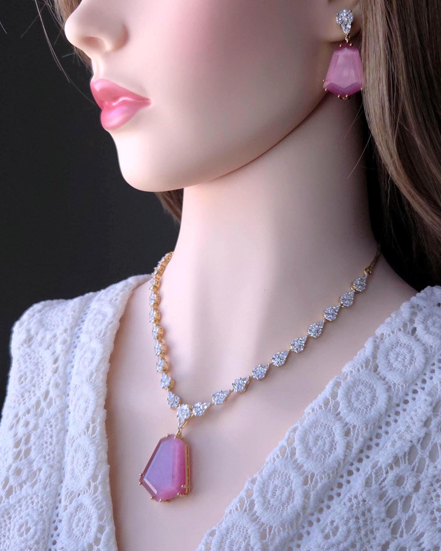 Bridal CZ Necklace Earrings Set, Emerald Green or Blush Pink, Gold/Silver Tone