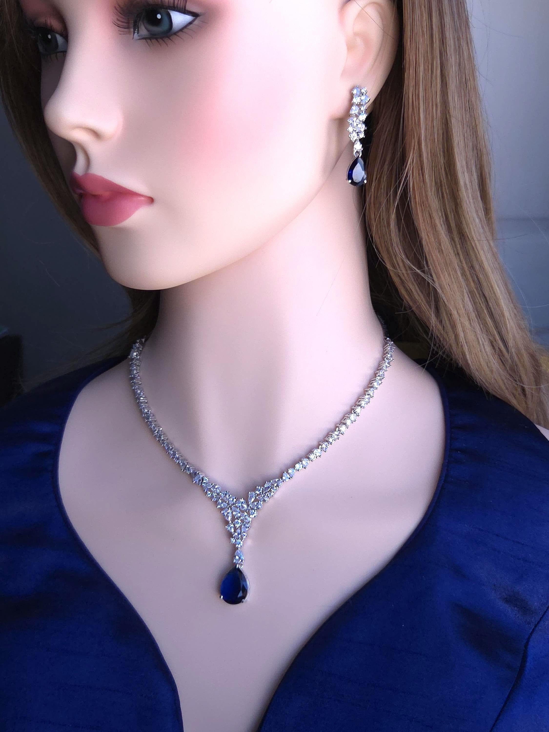 Teardrop Cubic Zirconia Y Necklace Set, Bridal Wedding Jewelry with Matching Earrings