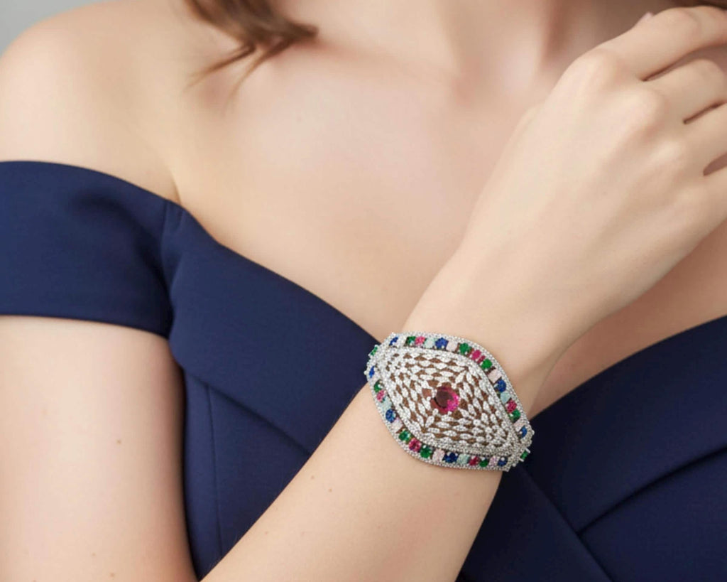 Statement CZ Openable Cuff Bracelet – Adjustable Bridal Wedding Kada, Gold, Multicolor or Magenta