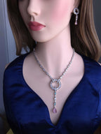 Art Deco CZ Y Necklace & Earring Set | Silver Plated | Purple, Mint Green & Pink