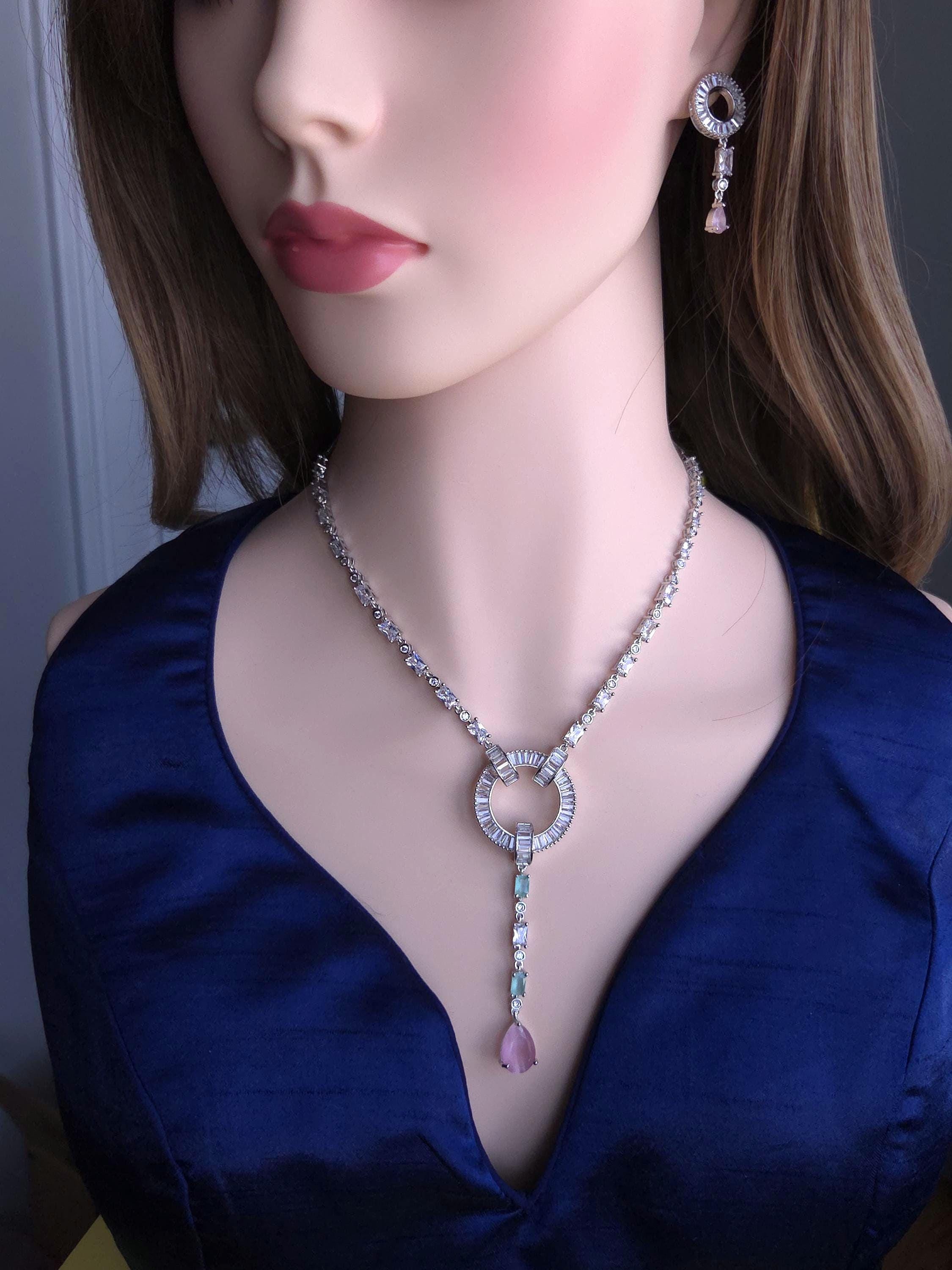 Art Deco CZ Y Necklace & Earring Set | Silver Plated | Purple, Mint Green & Pink