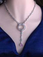 Art Deco CZ Y Necklace & Earring Set | Silver Plated | Purple, Mint Green & Pink
