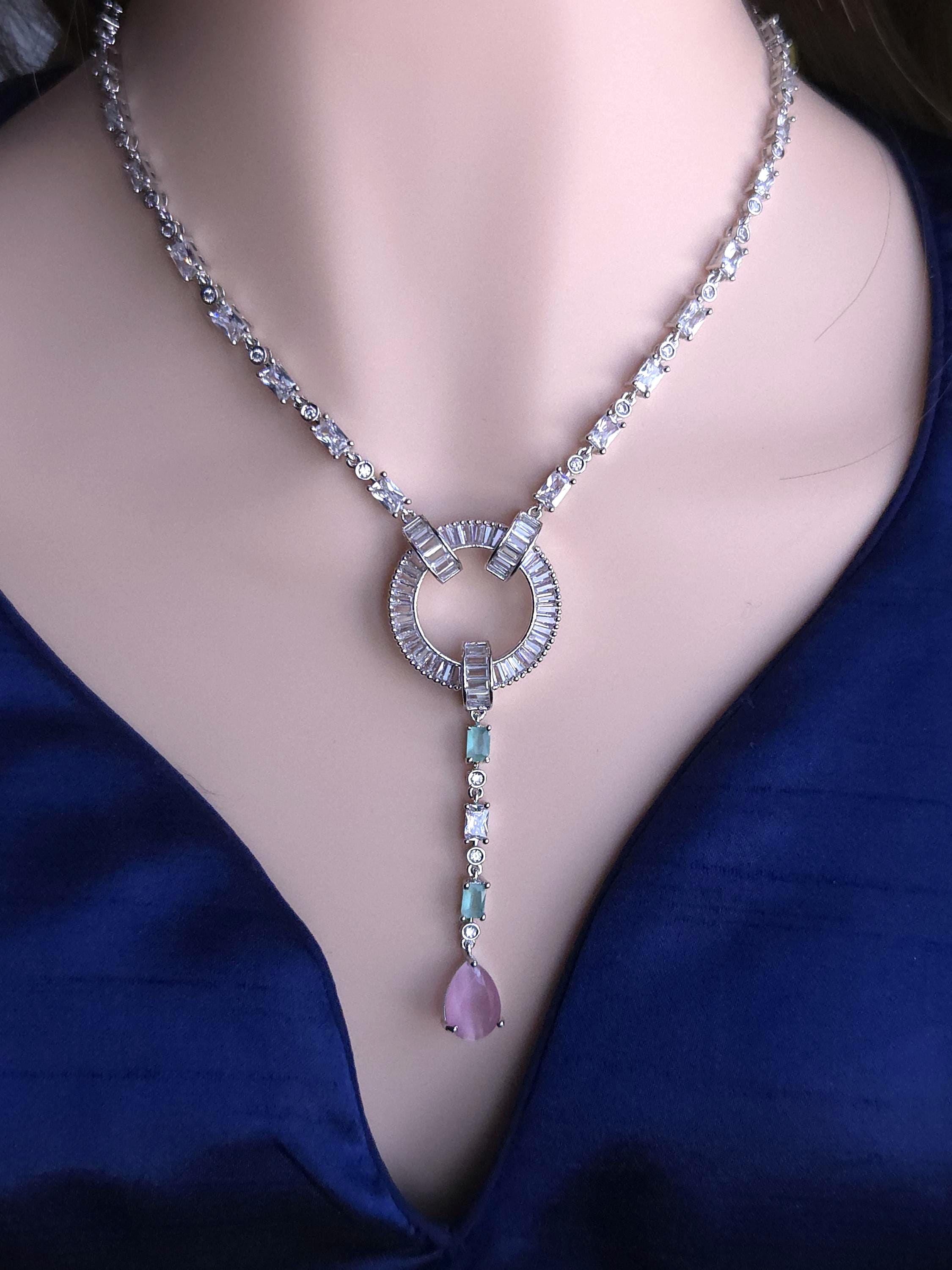 Art Deco CZ Y Necklace & Earring Set | Silver Plated | Purple, Mint Green & Pink