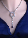 Art Deco CZ Y Necklace & Earring Set | Silver Plated | Purple, Mint Green & Pink