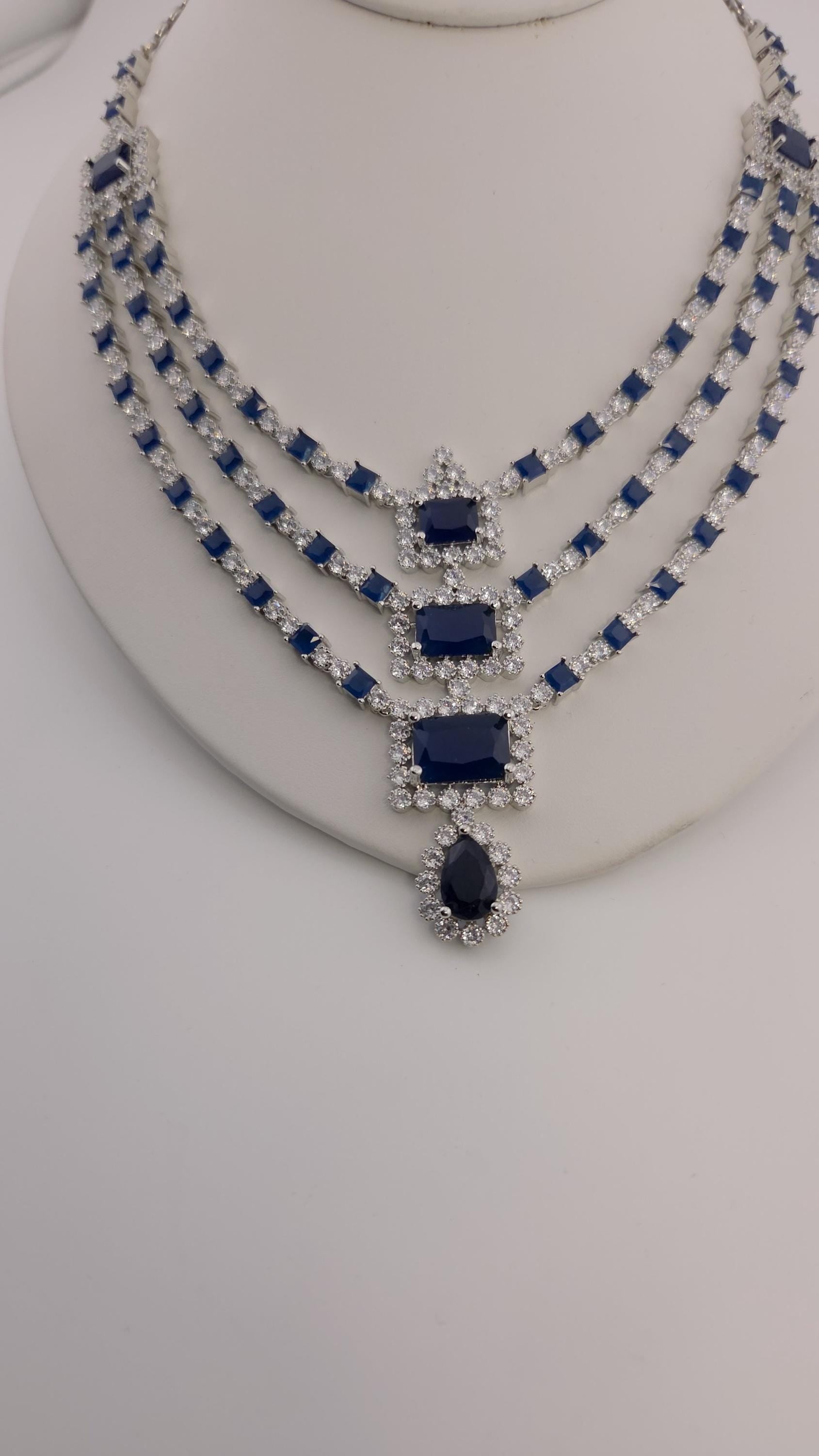 Blue CZ Bridal Jewelry Set | Silver Layered Necklace & Earrings