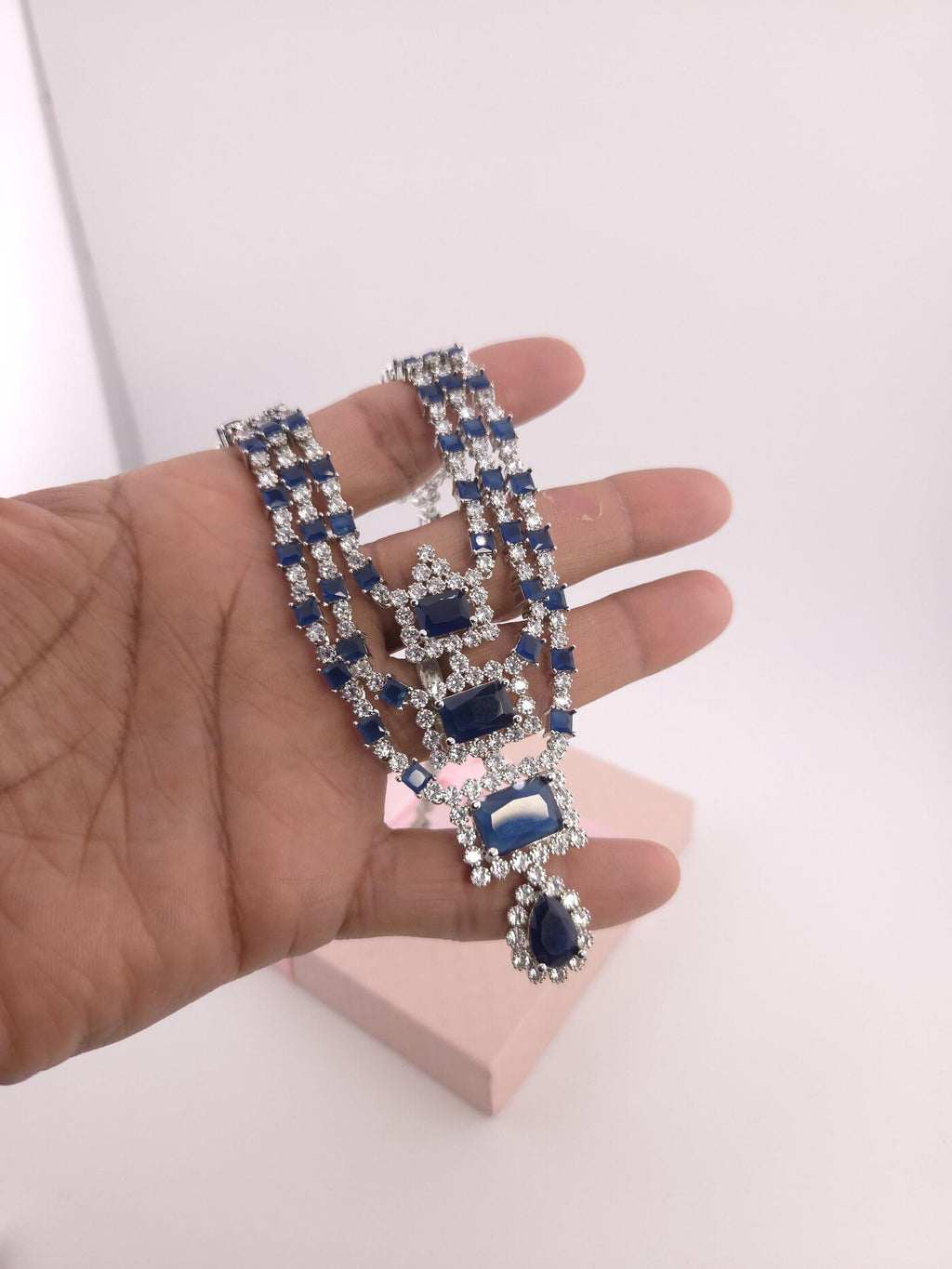 Blue CZ Bridal Jewelry Set | Silver Layered Necklace & Earrings