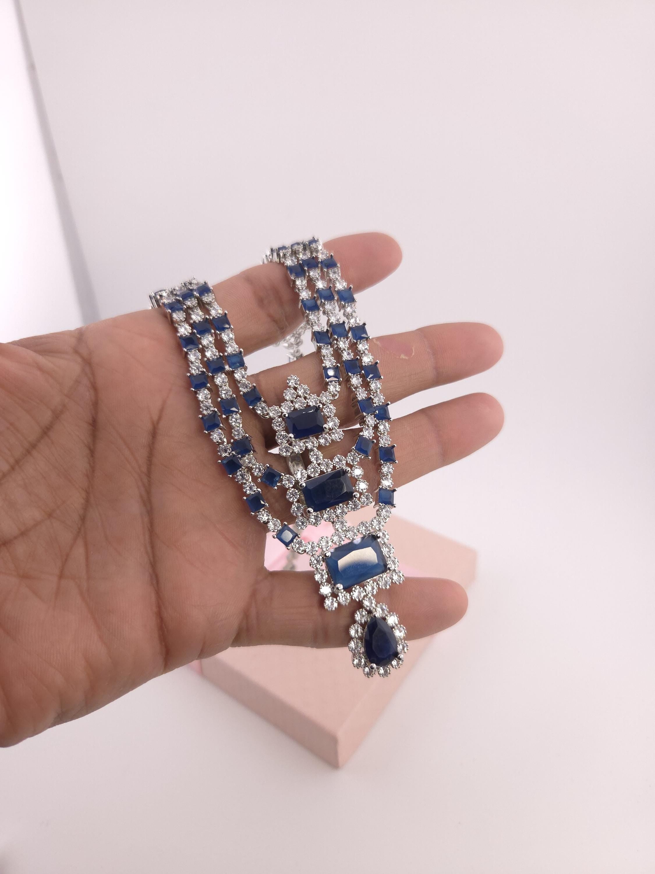 Blue CZ Bridal Jewelry Set | Silver Layered Necklace & Earrings