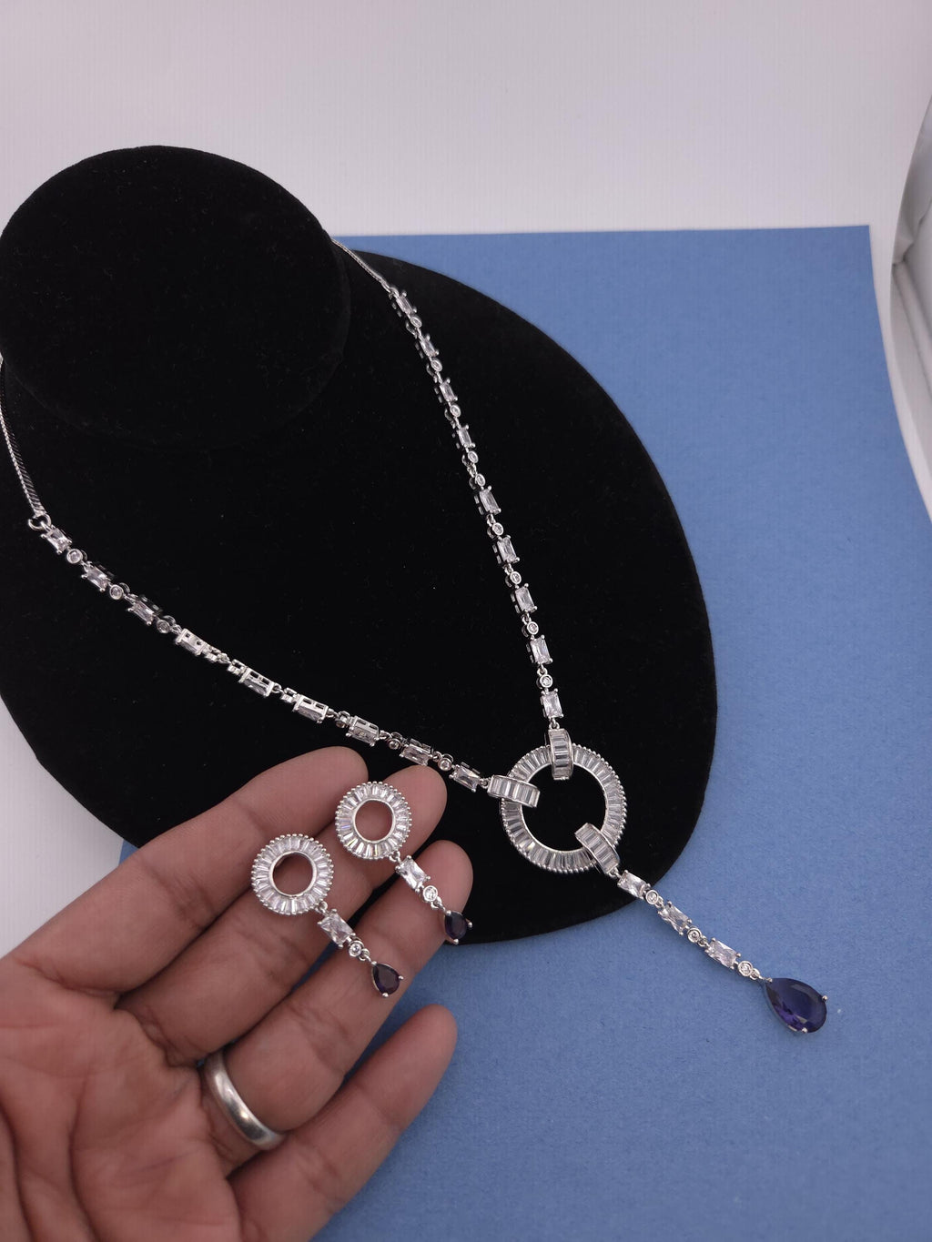 Art Deco CZ Y Necklace & Earring Set | Silver Plated | Purple, Mint Green & Pink