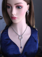 Art Deco CZ Y Necklace & Earring Set | Silver Plated | Purple, Mint Green & Pink