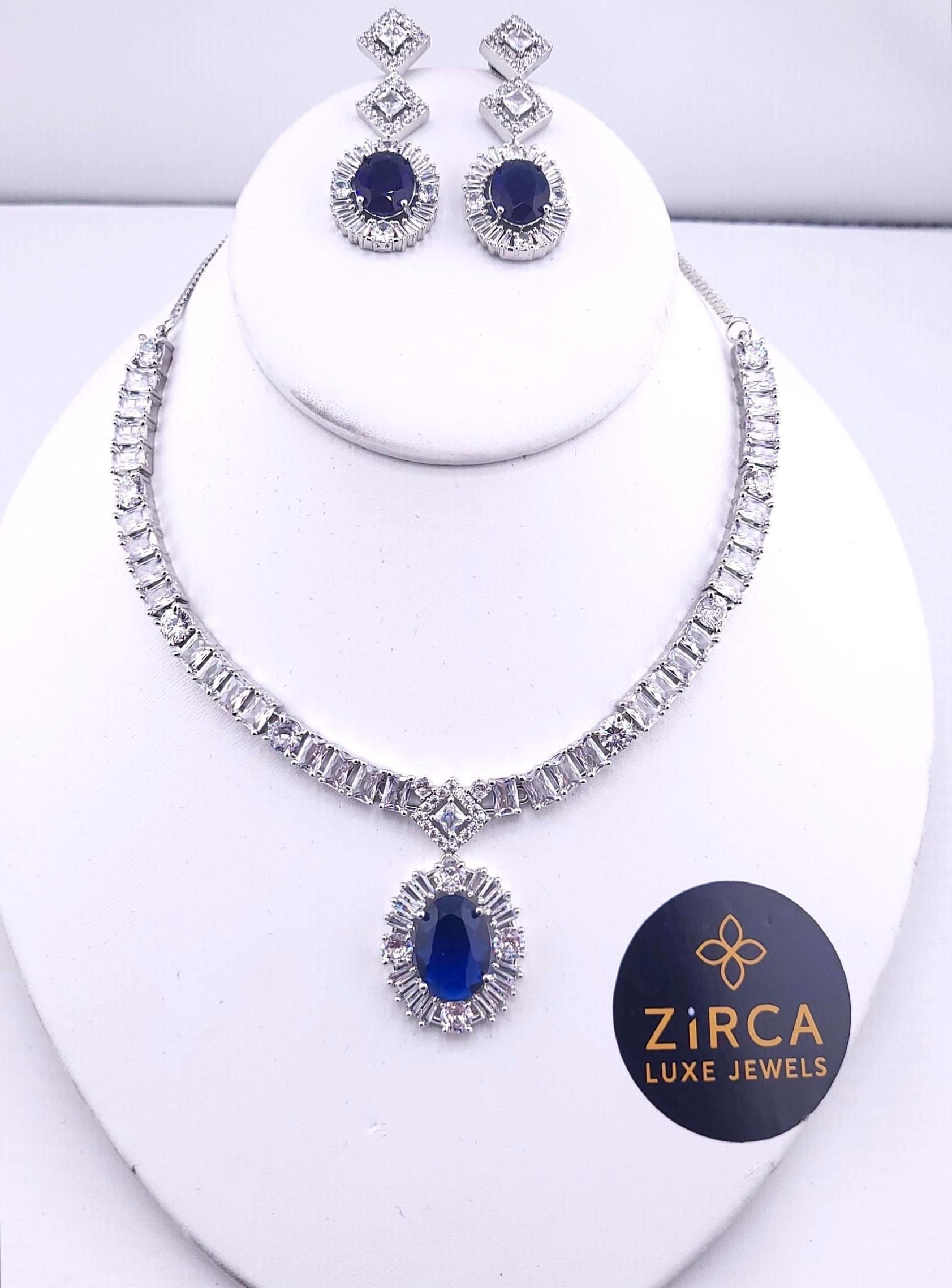 Oval CZ Necklace Set | Sapphire Blue or Ruby Red Wedding Jewelry | Bridal Evening Set