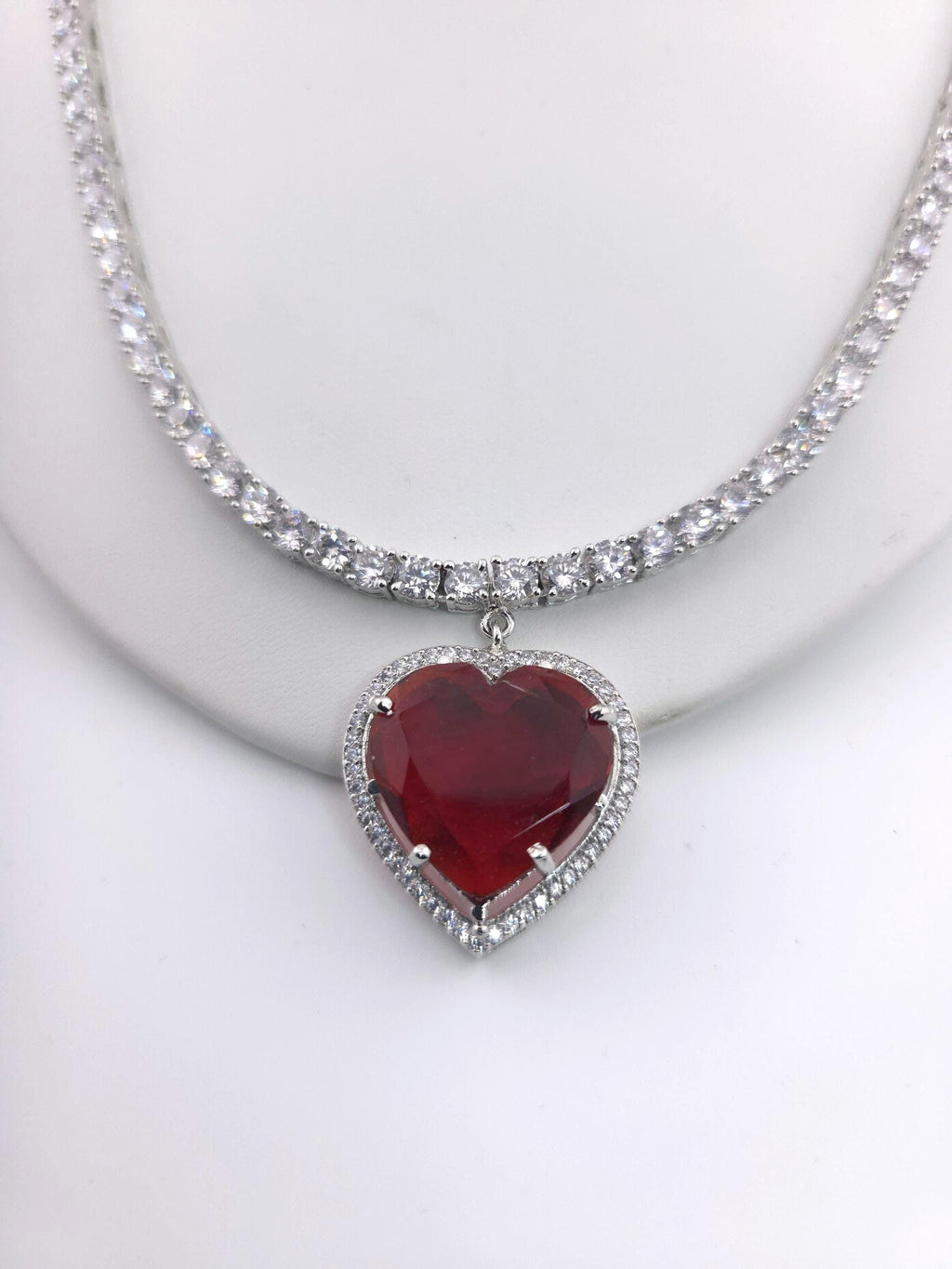 Red Heart Crystal Pendant Necklace, Tennis Chain, Silver-Tone Plating, Cubic Zirconia