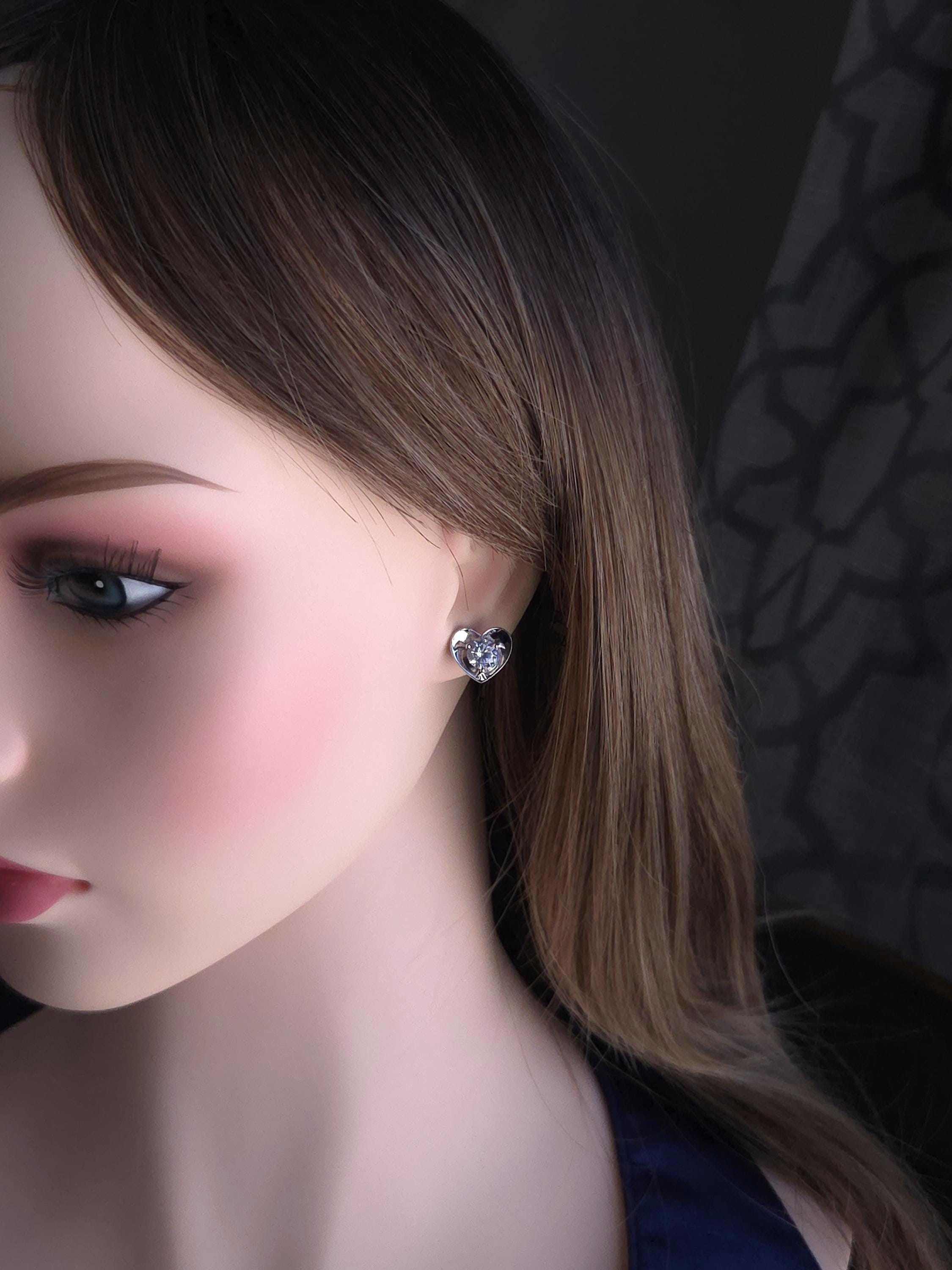 Sterling Silver Heart Stud Earrings with Cubic Zirconia, Dainty Minimal Jewelry