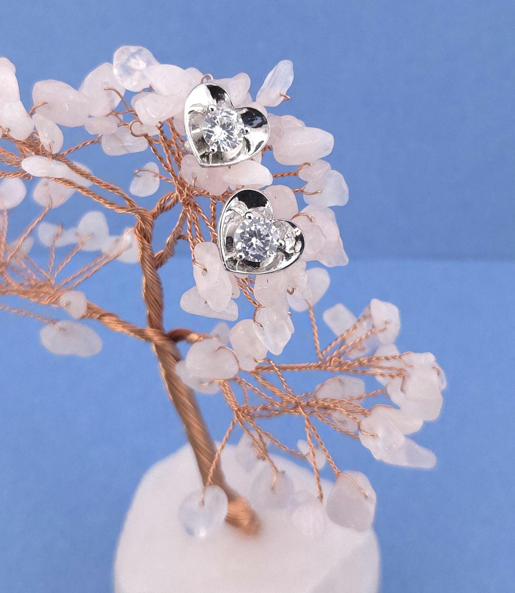 Sterling Silver Heart Stud Earrings with Cubic Zirconia, Dainty Minimal Jewelry