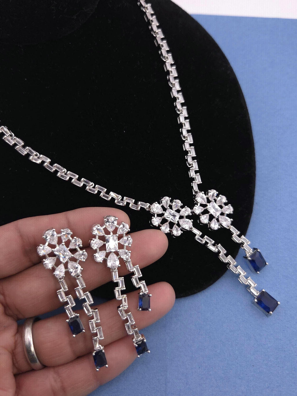 Silver Blue Cubic Zirconia Necklace Earrings Set, Bridal Wedding Drop Jewelry