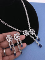 Silver Blue Cubic Zirconia Necklace Earrings Set, Bridal Wedding Drop Jewelry