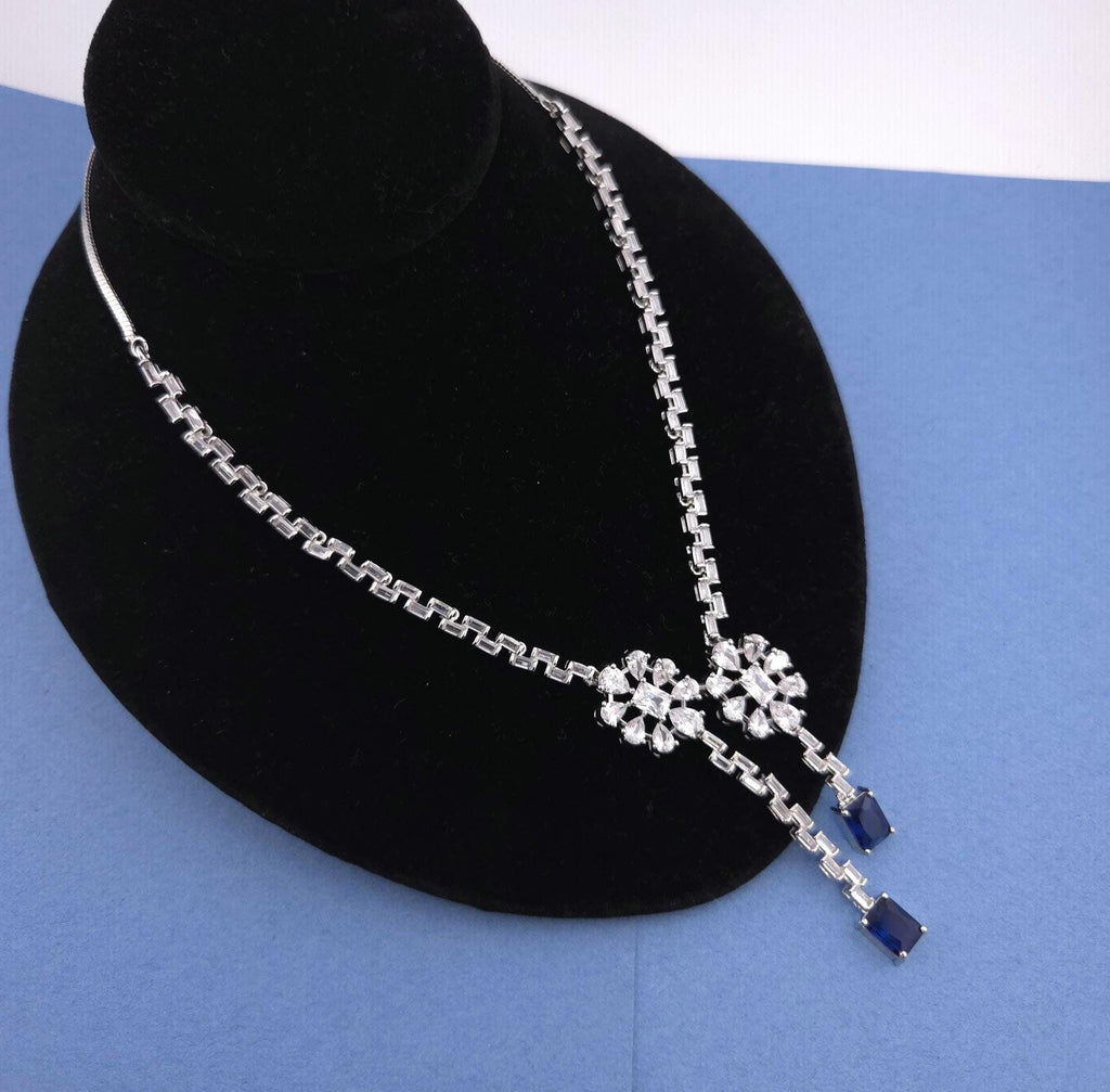 Silver Blue Cubic Zirconia Necklace Earrings Set, Bridal Wedding Drop Jewelry