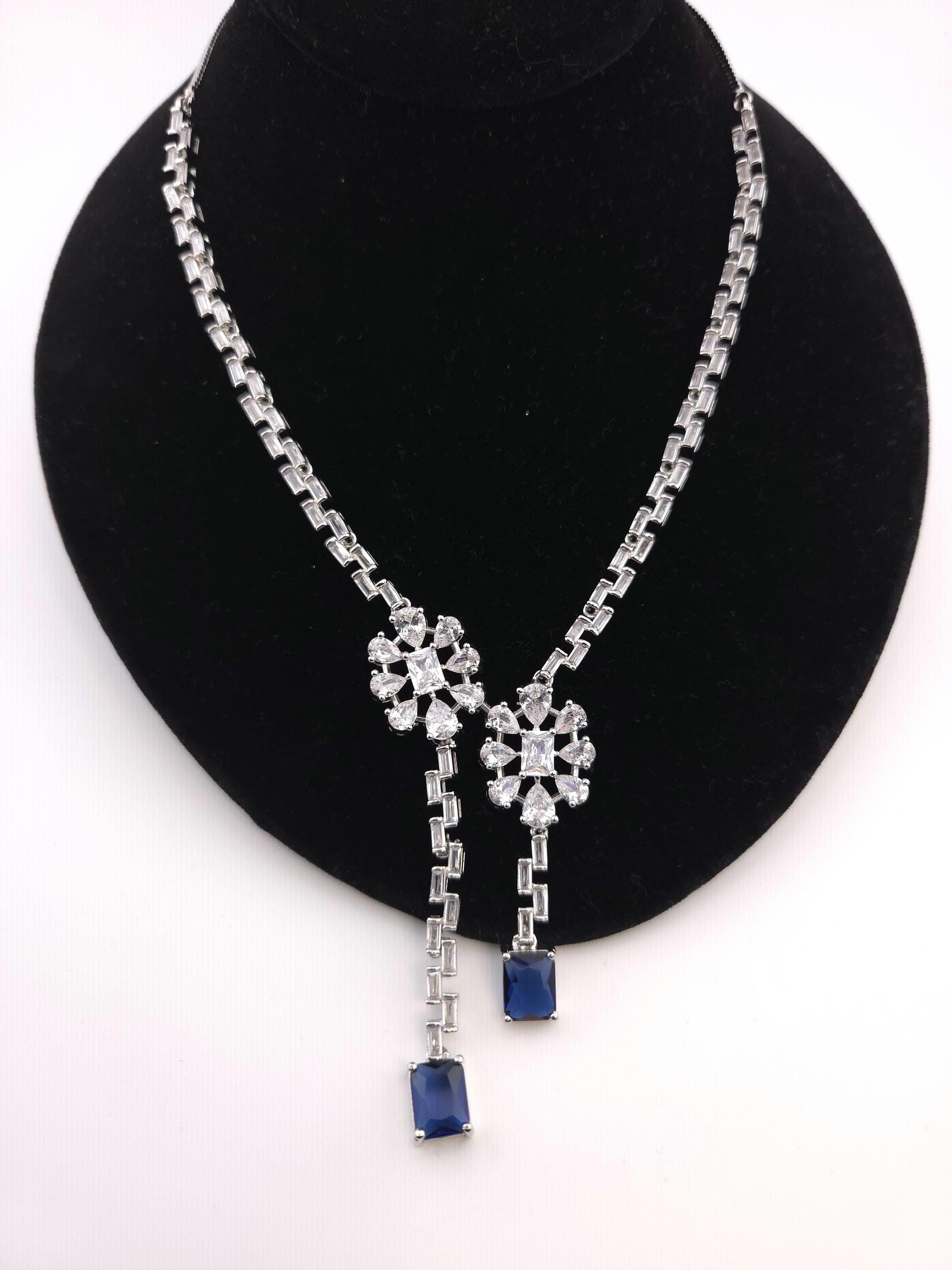 Silver Blue Cubic Zirconia Necklace Earrings Set, Bridal Wedding Drop Jewelry