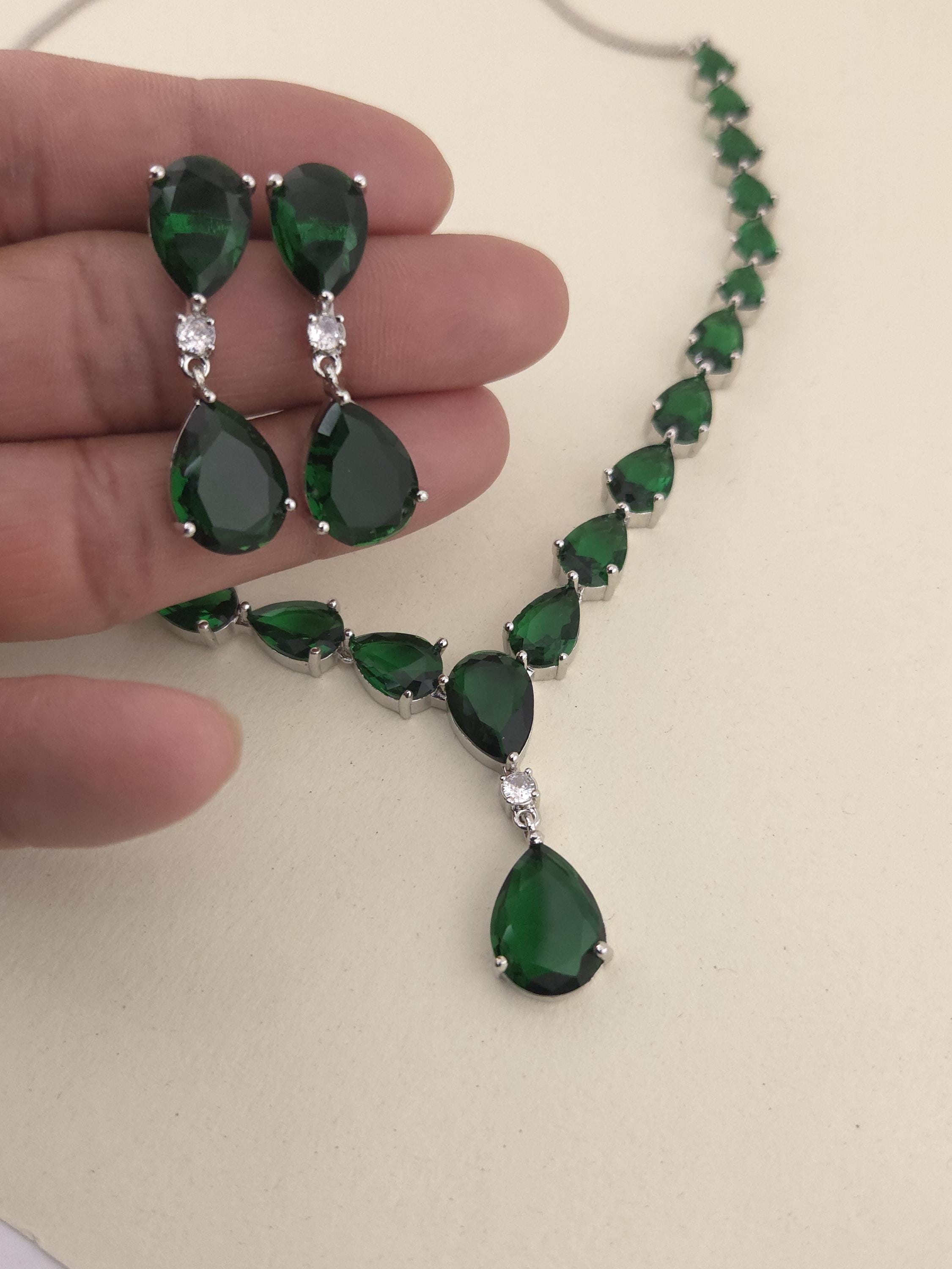 Emerald Green Teardrop Necklace Earrings Set, Silver Plated CZ Bridal Jewelry