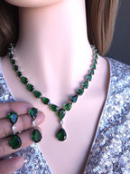 Emerald Green Teardrop Necklace Earrings Set, Silver Plated CZ Bridal Jewelry