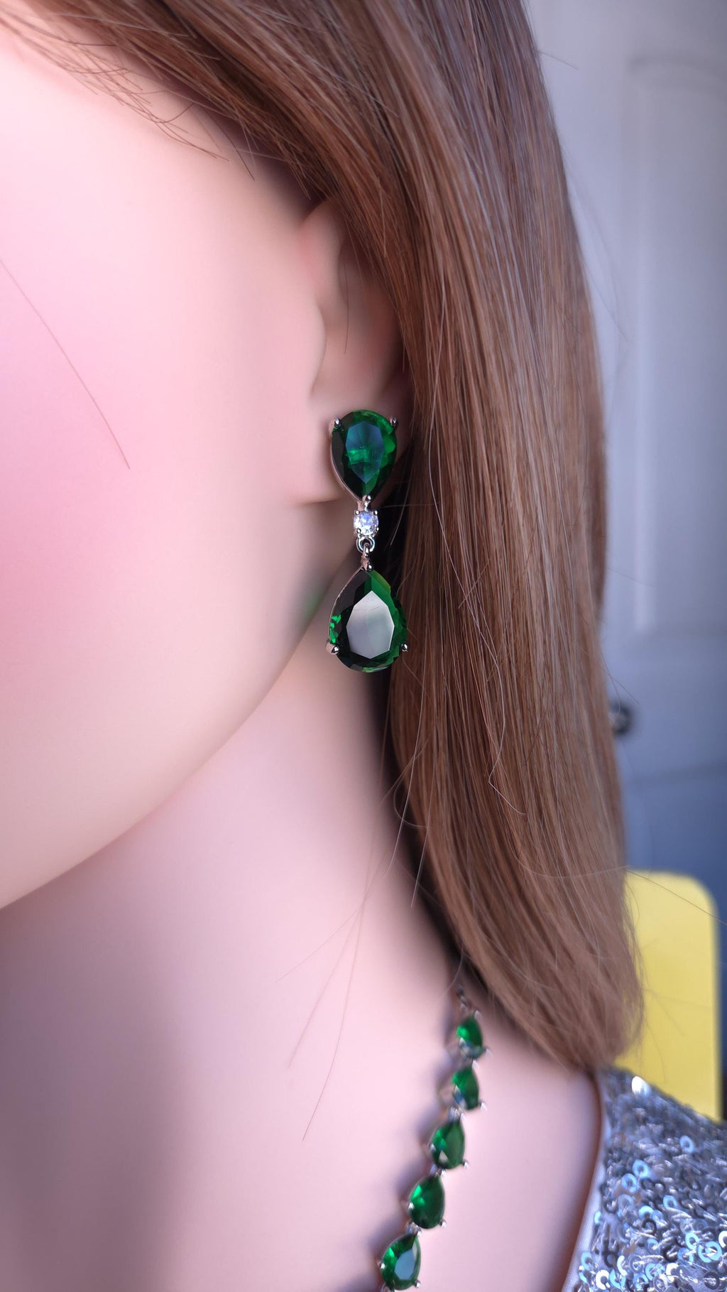Emerald Green Teardrop Necklace Earrings Set, Silver Plated CZ Bridal Jewelry