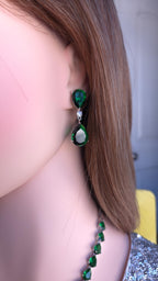 Emerald Green Teardrop Necklace Earrings Set, Silver Plated CZ Bridal Jewelry