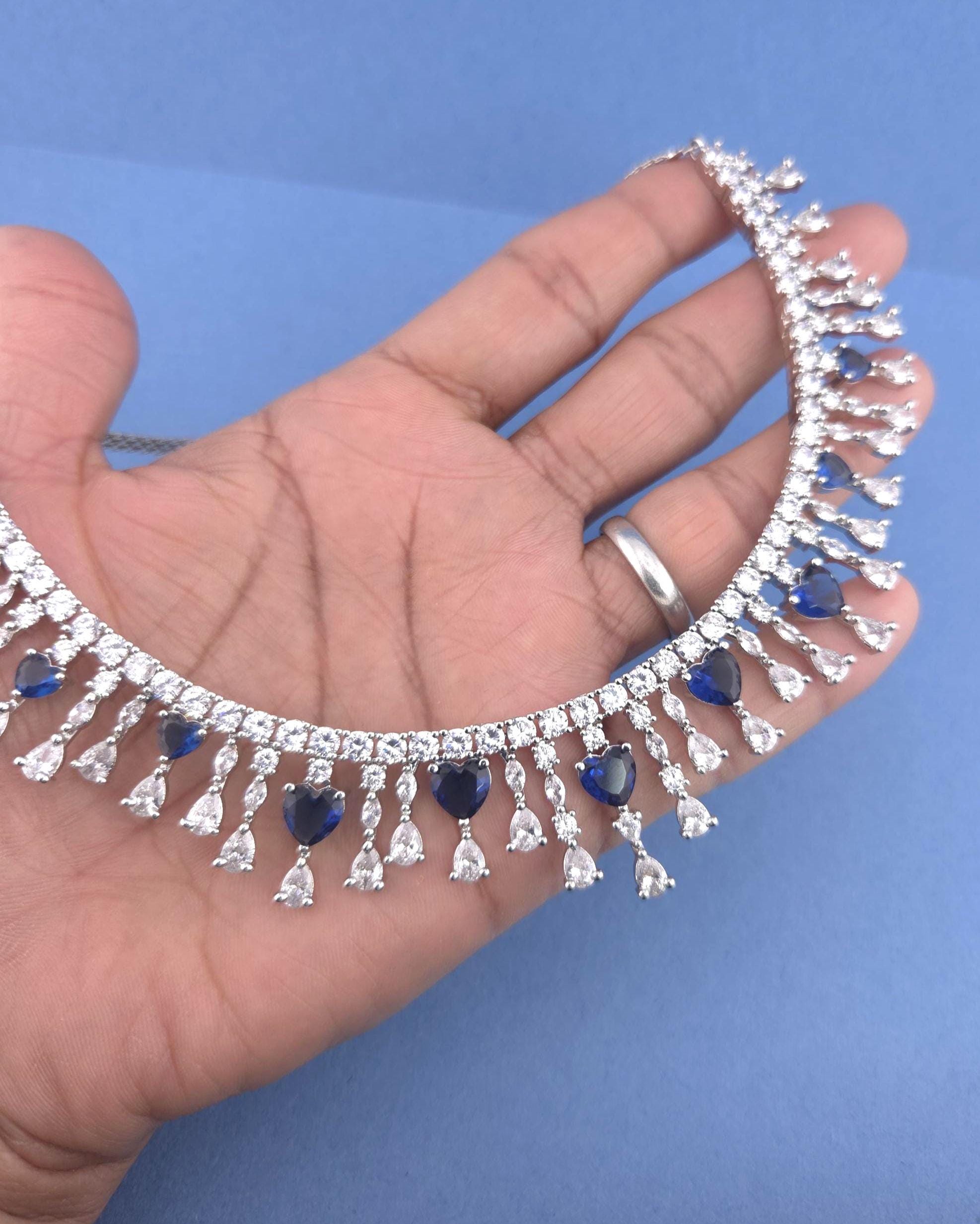 Silver Plated Heart CZ Necklace and Earrings Set, Bridal Diamond-Look Jewelry Royal Blue & Mint Green Pink