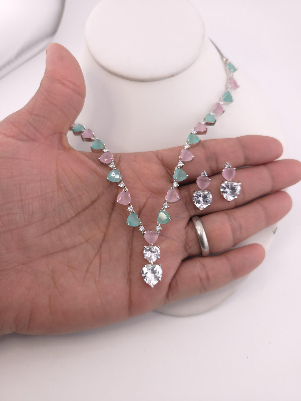 Heart Crystal CZ Necklace & Earring Set | Silver Plated | Ocean Blue, Mint Green & Pink