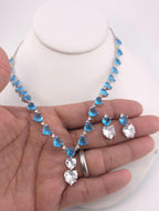 Heart Crystal CZ Necklace & Earring Set | Silver Plated | Ocean Blue, Mint Green & Pink