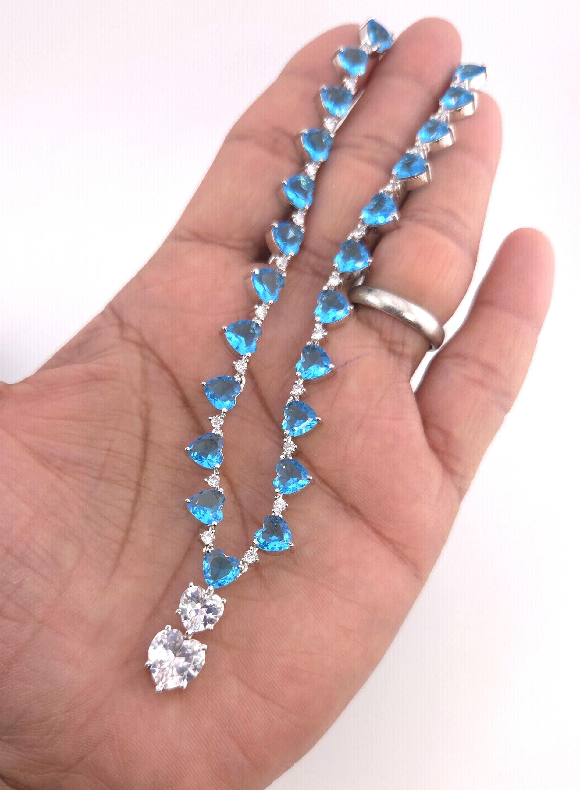 Heart Crystal CZ Necklace & Earring Set | Silver Plated | Ocean Blue, Mint Green & Pink