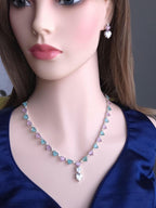 Heart Crystal CZ Necklace & Earring Set | Silver Plated | Ocean Blue, Mint Green & Pink