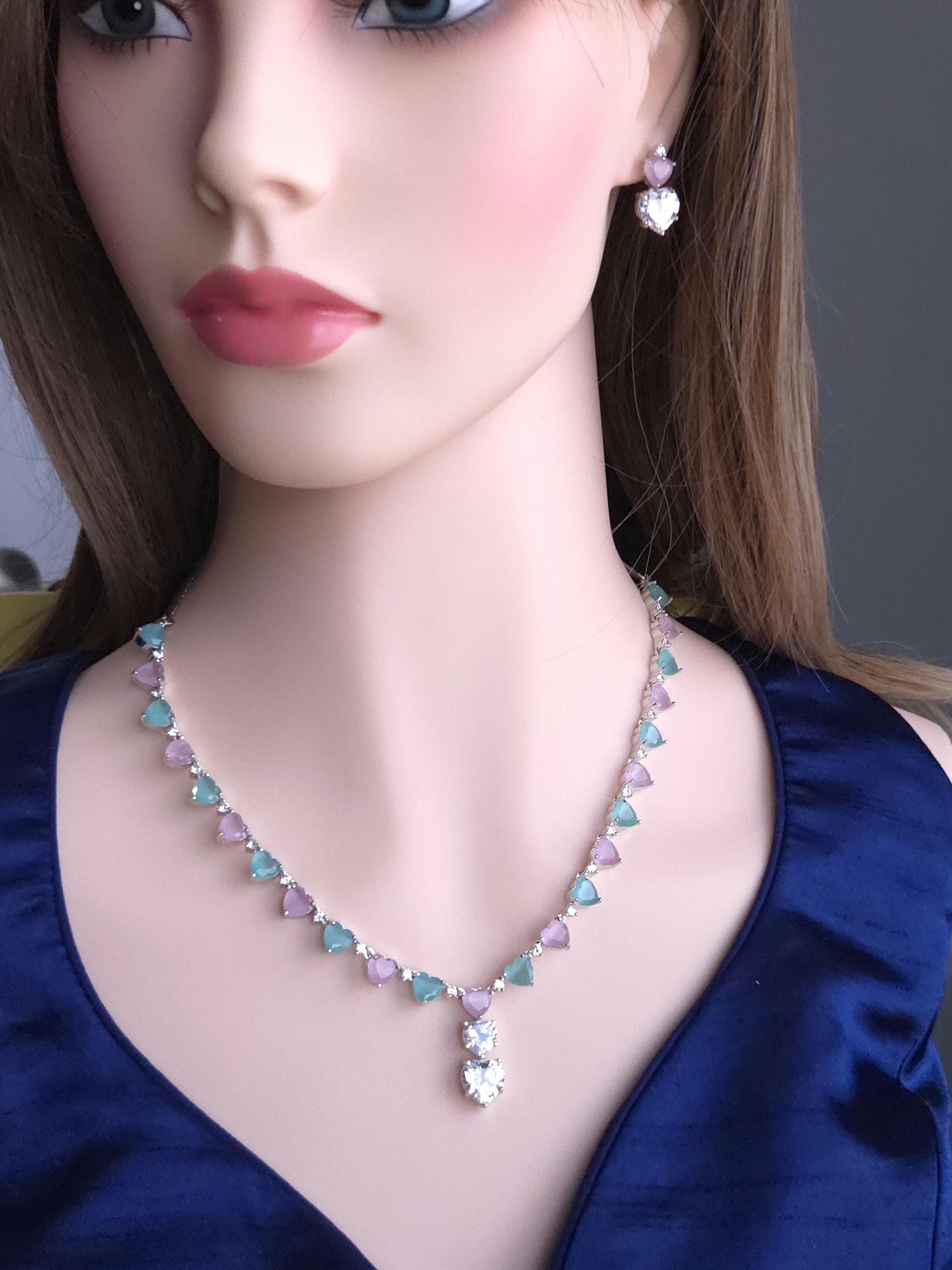 Heart Crystal CZ Necklace & Earring Set | Silver Plated | Ocean Blue, Mint Green & Pink