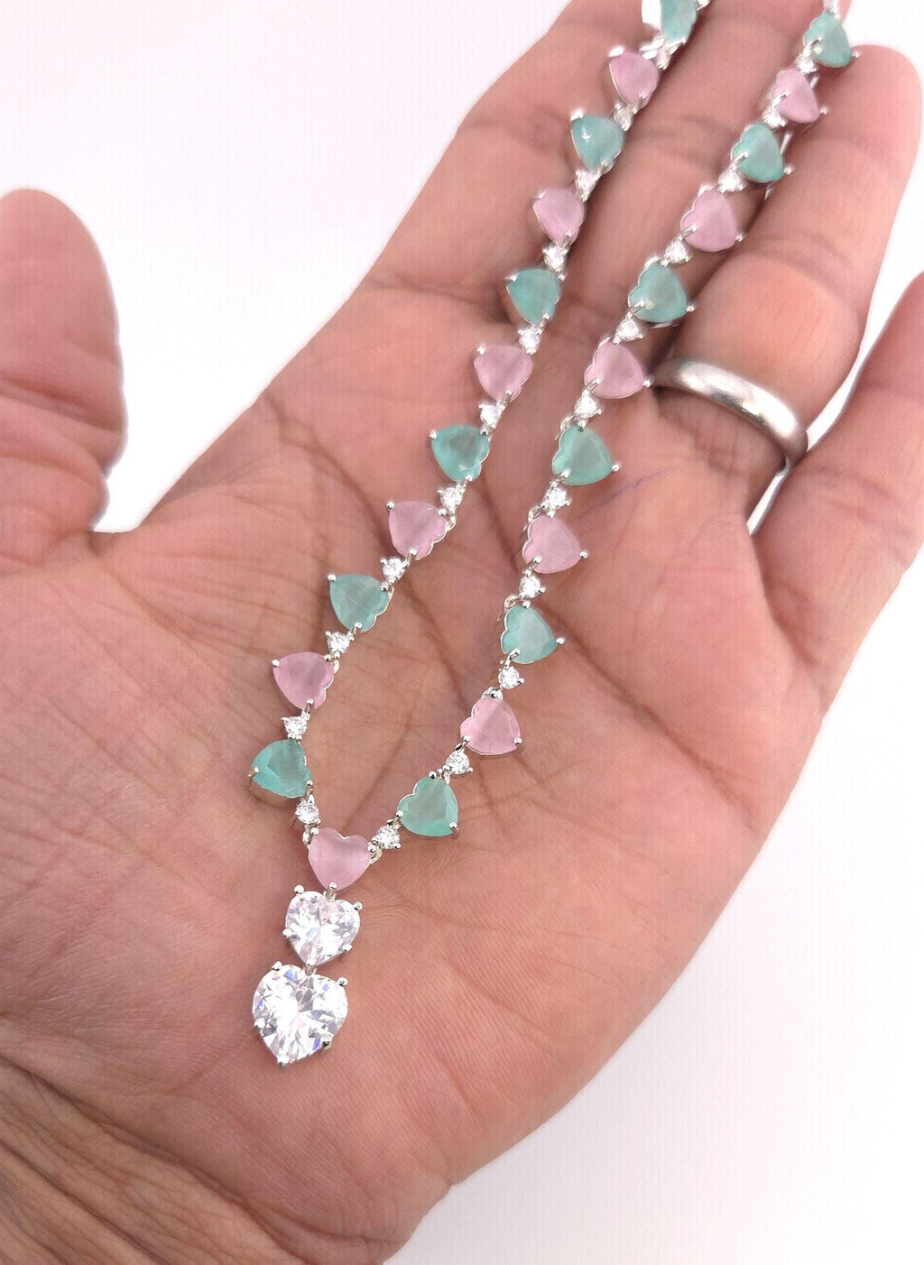 Heart Crystal CZ Necklace & Earring Set | Silver Plated | Ocean Blue, Mint Green & Pink