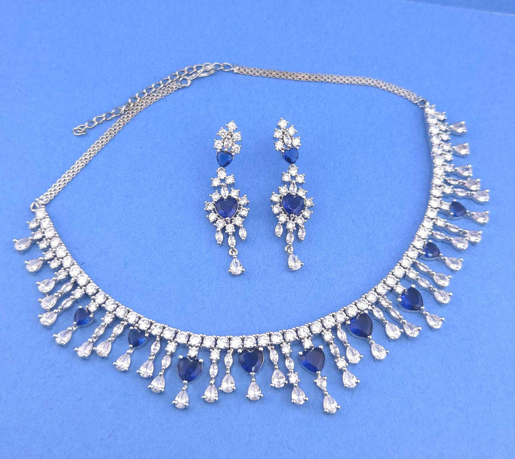 Silver Plated Heart CZ Necklace and Earrings Set, Bridal Diamond-Look Jewelry Royal Blue & Mint Green Pink