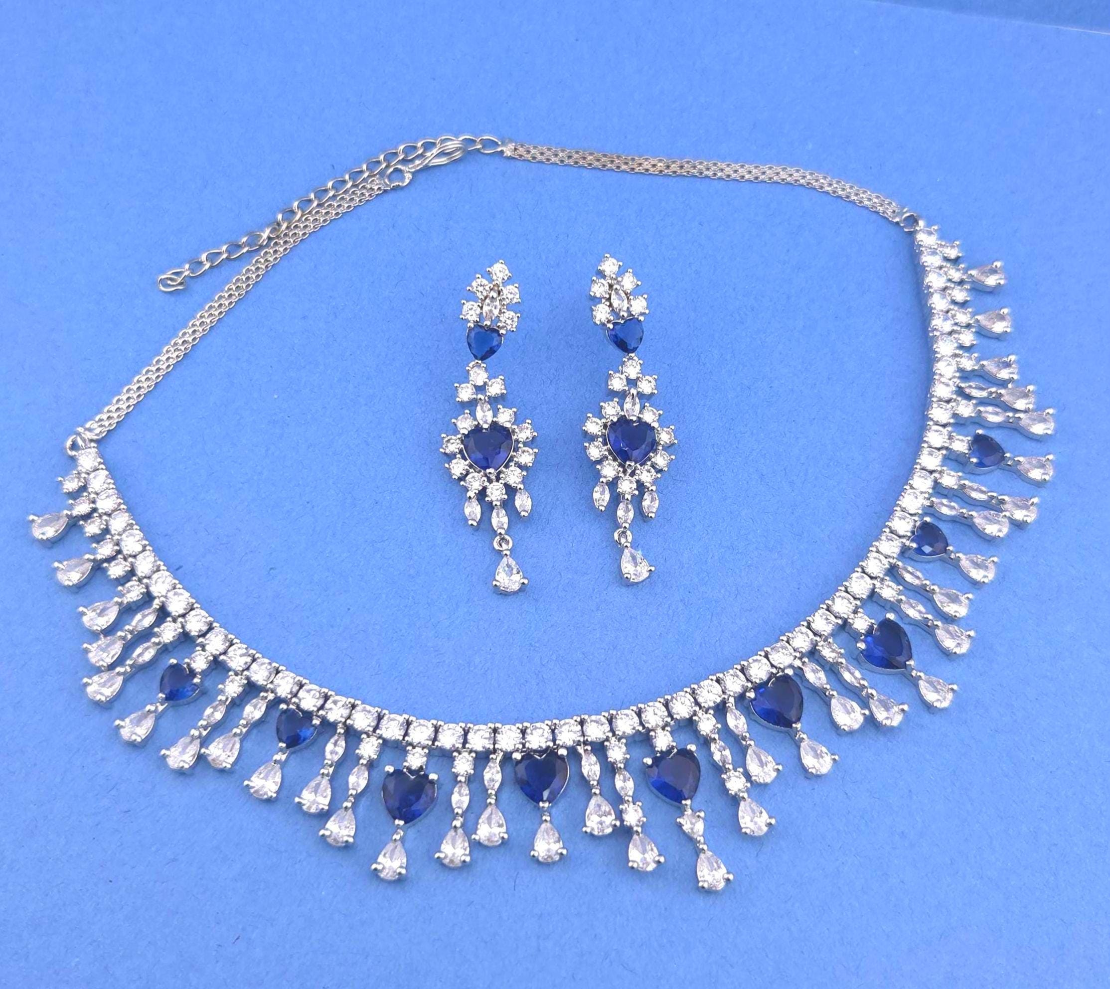 Silver Plated Heart CZ Necklace and Earrings Set, Bridal Diamond-Look Jewelry Royal Blue & Mint Green Pink