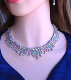Silver Plated Heart CZ Necklace and Earrings Set, Bridal Diamond-Look Jewelry Royal Blue & Mint Green Pink