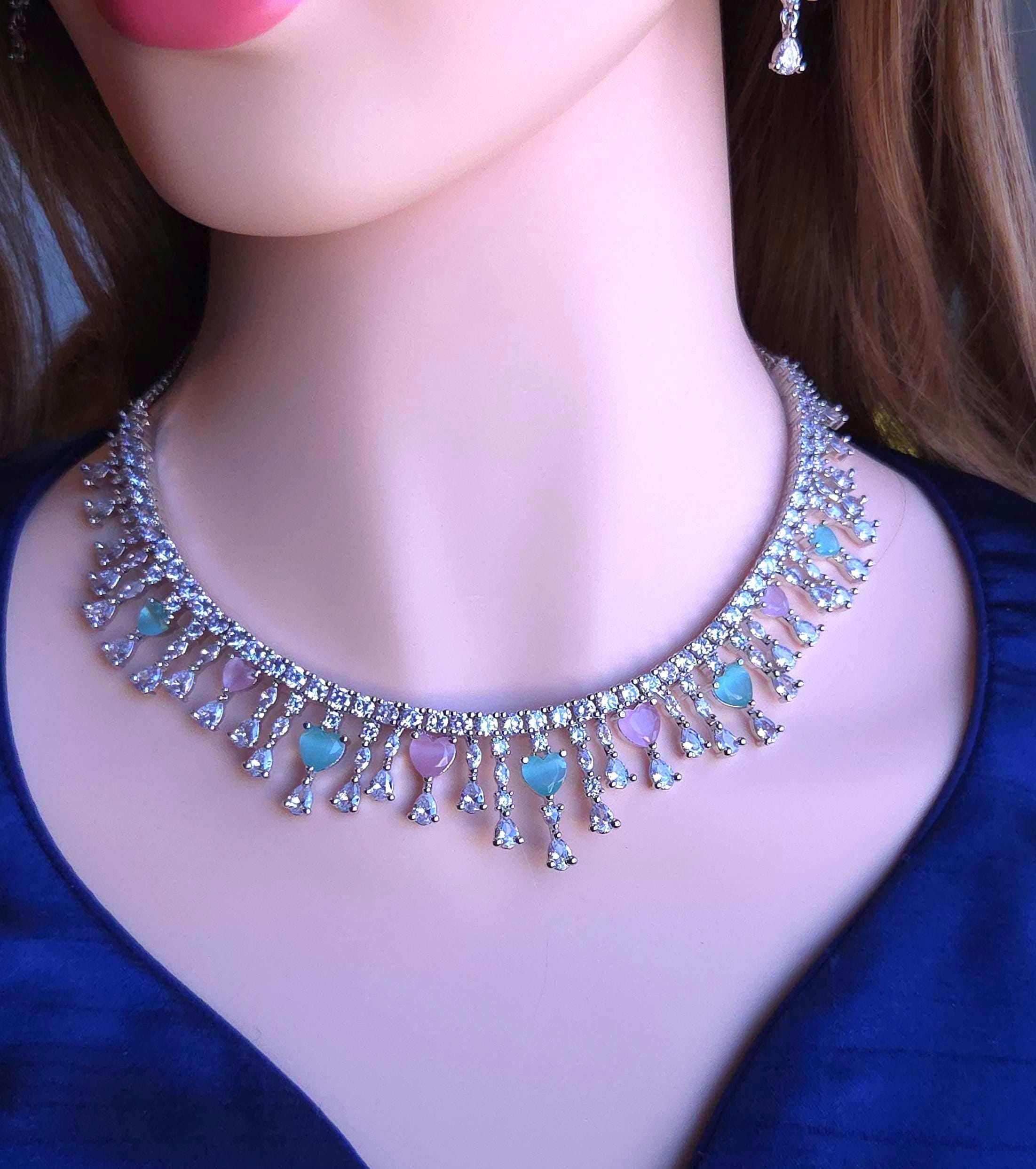 Silver Plated Heart CZ Necklace and Earrings Set, Bridal Diamond-Look Jewelry Royal Blue & Mint Green Pink