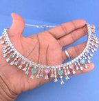 Silver Plated Heart CZ Necklace and Earrings Set, Bridal Diamond-Look Jewelry Royal Blue & Mint Green Pink