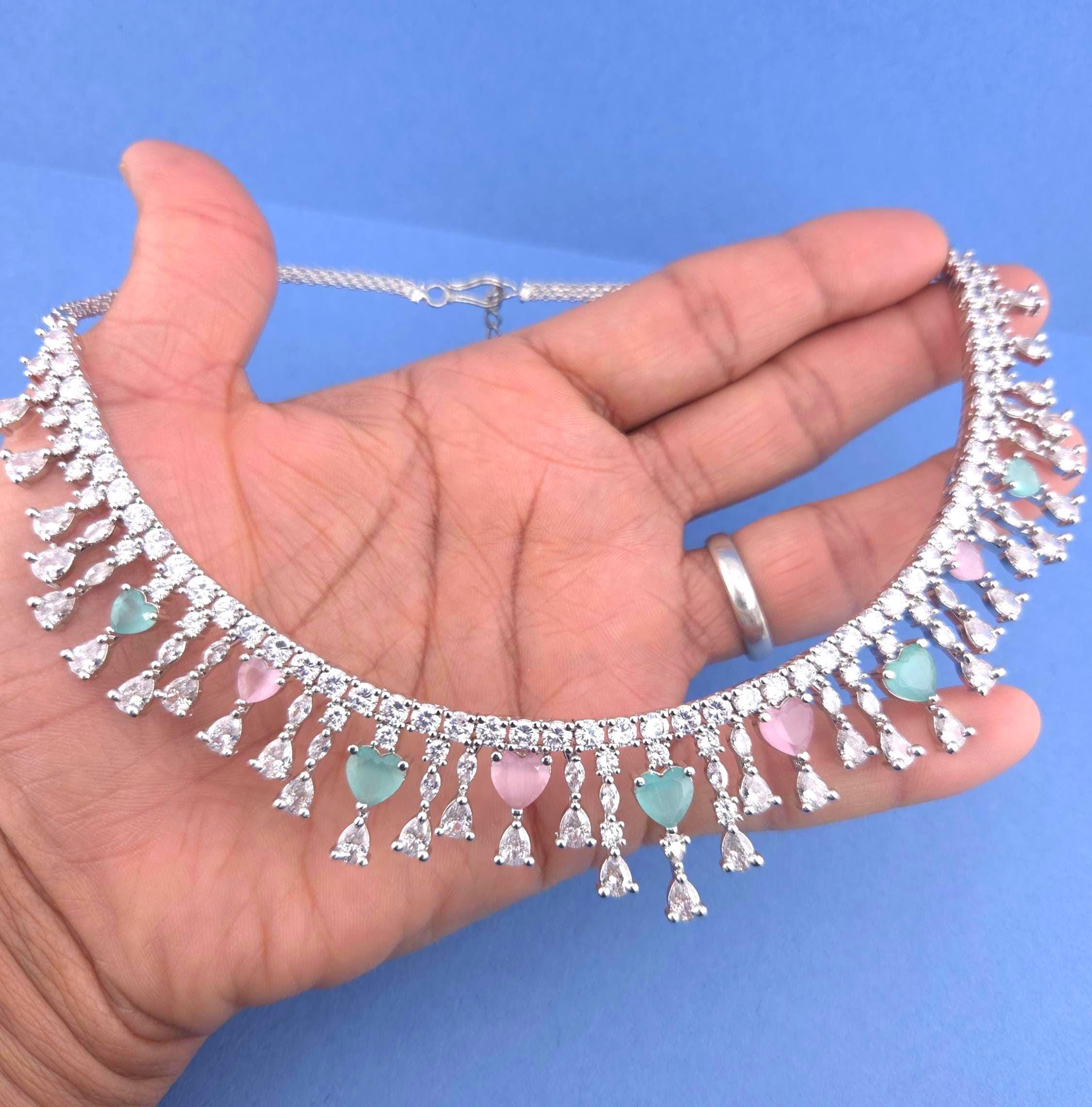Silver Plated Heart CZ Necklace and Earrings Set, Bridal Diamond-Look Jewelry Royal Blue & Mint Green Pink
