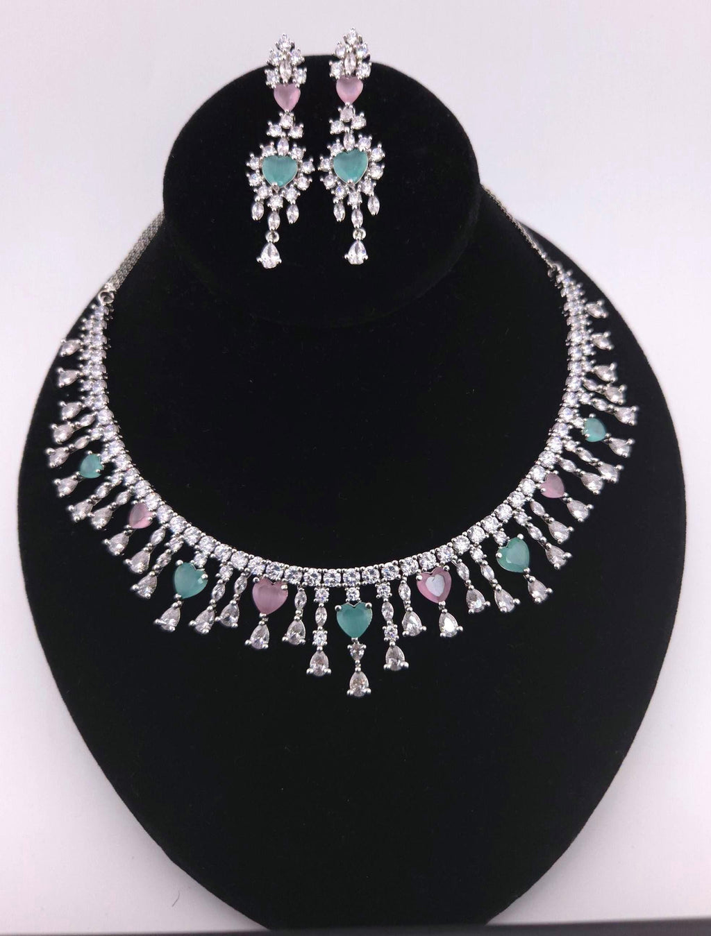 Silver Plated Heart CZ Necklace and Earrings Set, Bridal Diamond-Look Jewelry Royal Blue & Mint Green Pink