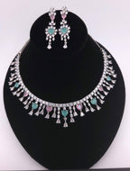 Silver Plated Heart CZ Necklace and Earrings Set, Bridal Diamond-Look Jewelry Royal Blue & Mint Green Pink