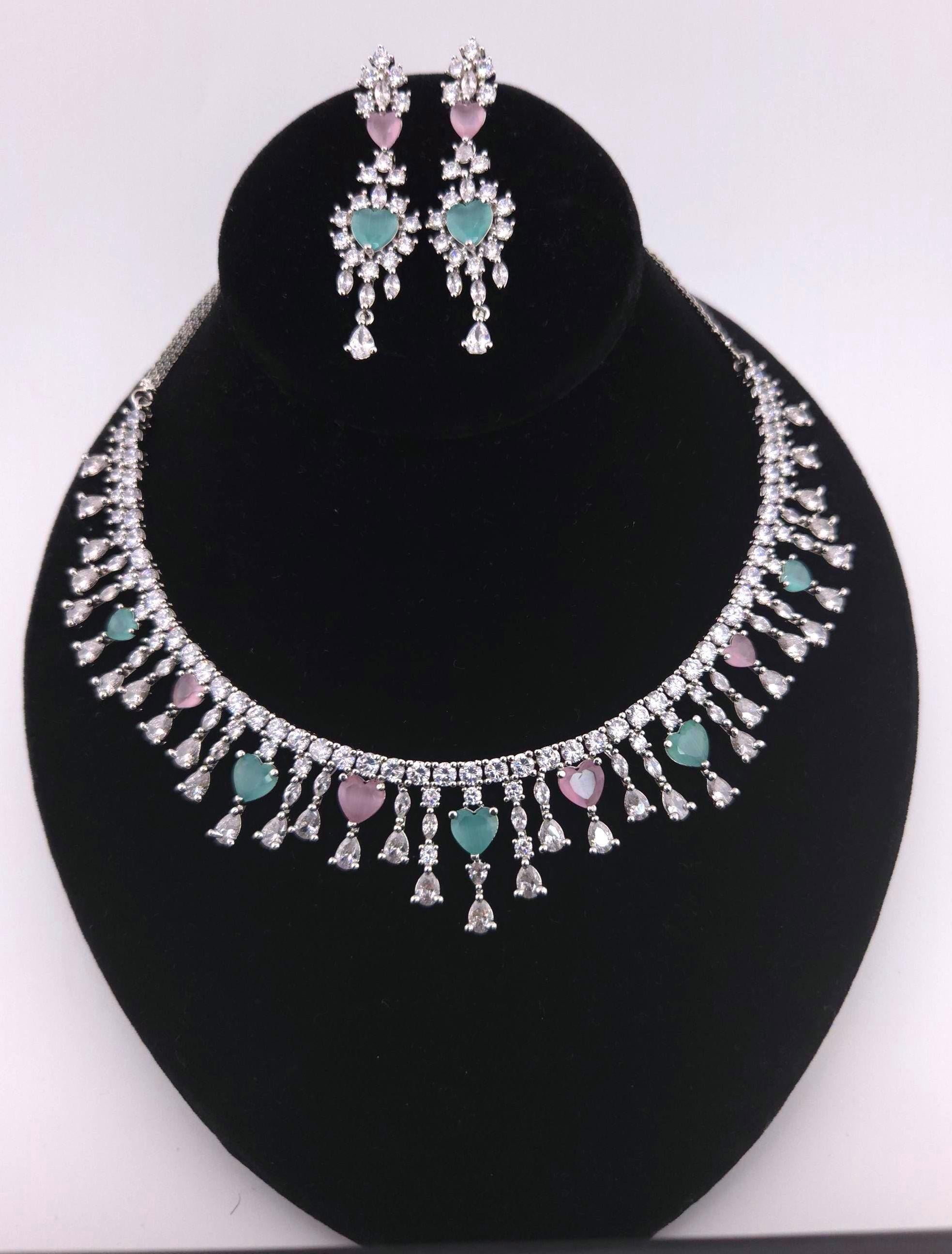 Silver Plated Heart CZ Necklace and Earrings Set, Bridal Diamond-Look Jewelry Royal Blue & Mint Green Pink