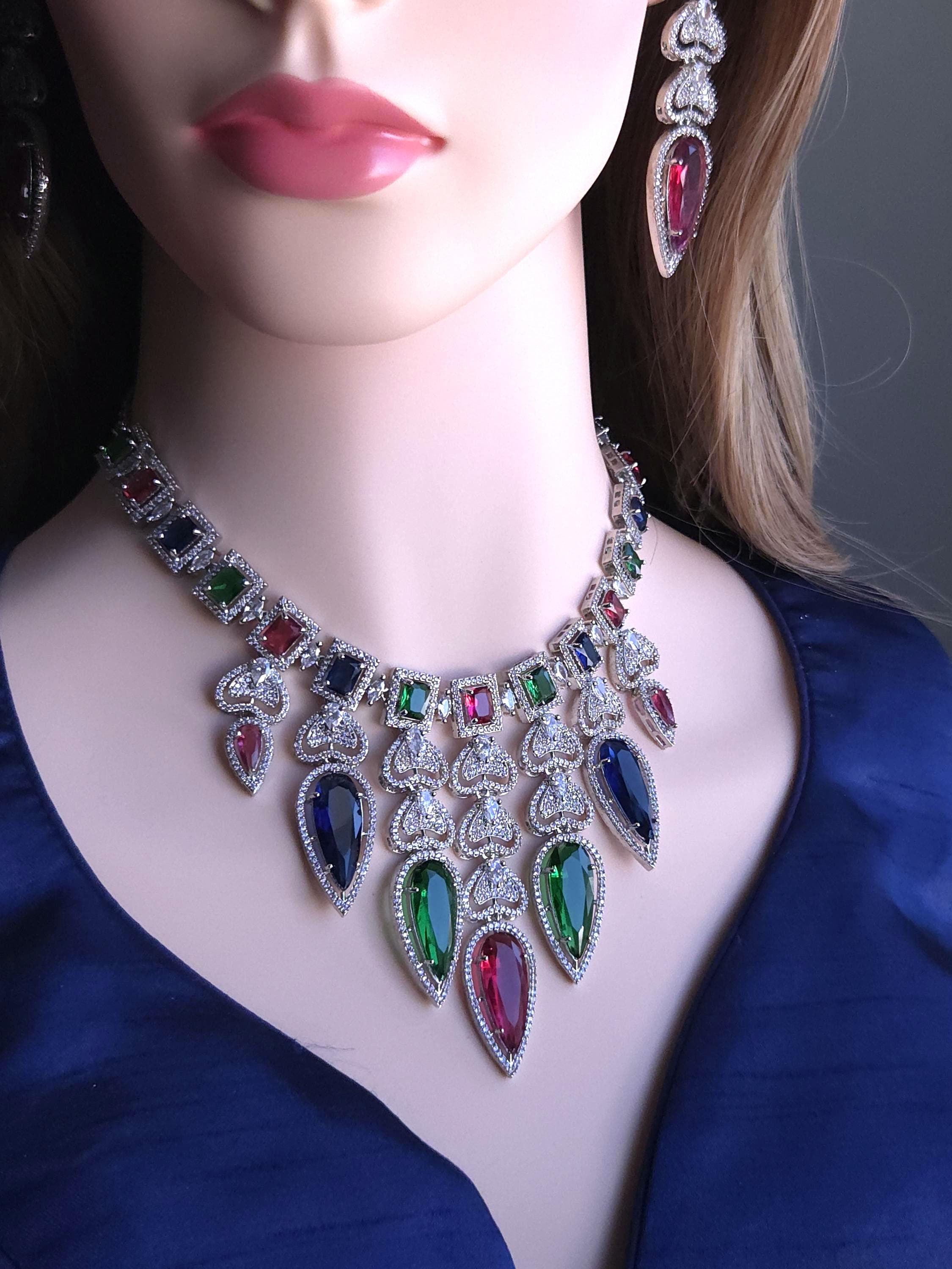 Multicolor CZ Statement Necklace & Earrings Set – Bridal Wedding Jewelry