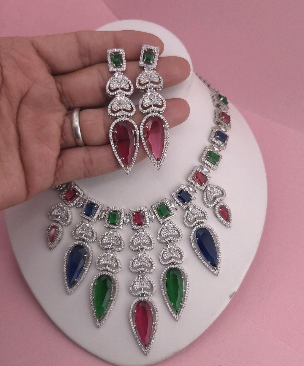 Multicolor CZ Statement Necklace & Earrings Set – Bridal Wedding Jewelry