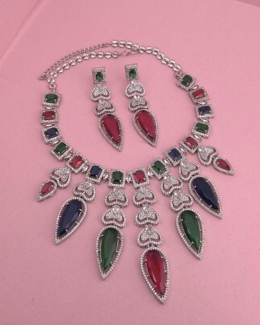 Multicolor CZ Statement Necklace & Earrings Set – Bridal Wedding Jewelry