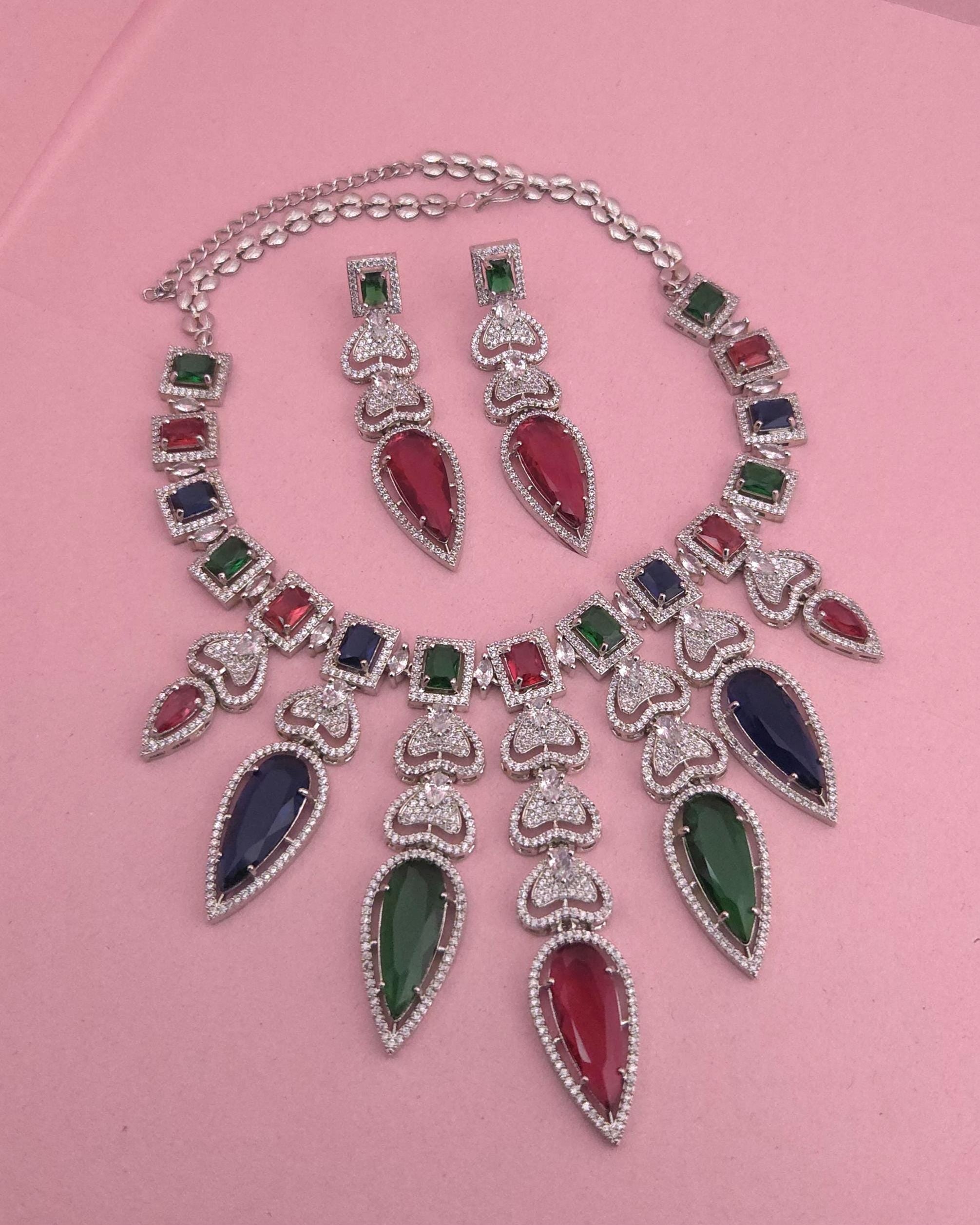 Multicolor CZ Statement Necklace & Earrings Set – Bridal Wedding Jewelry