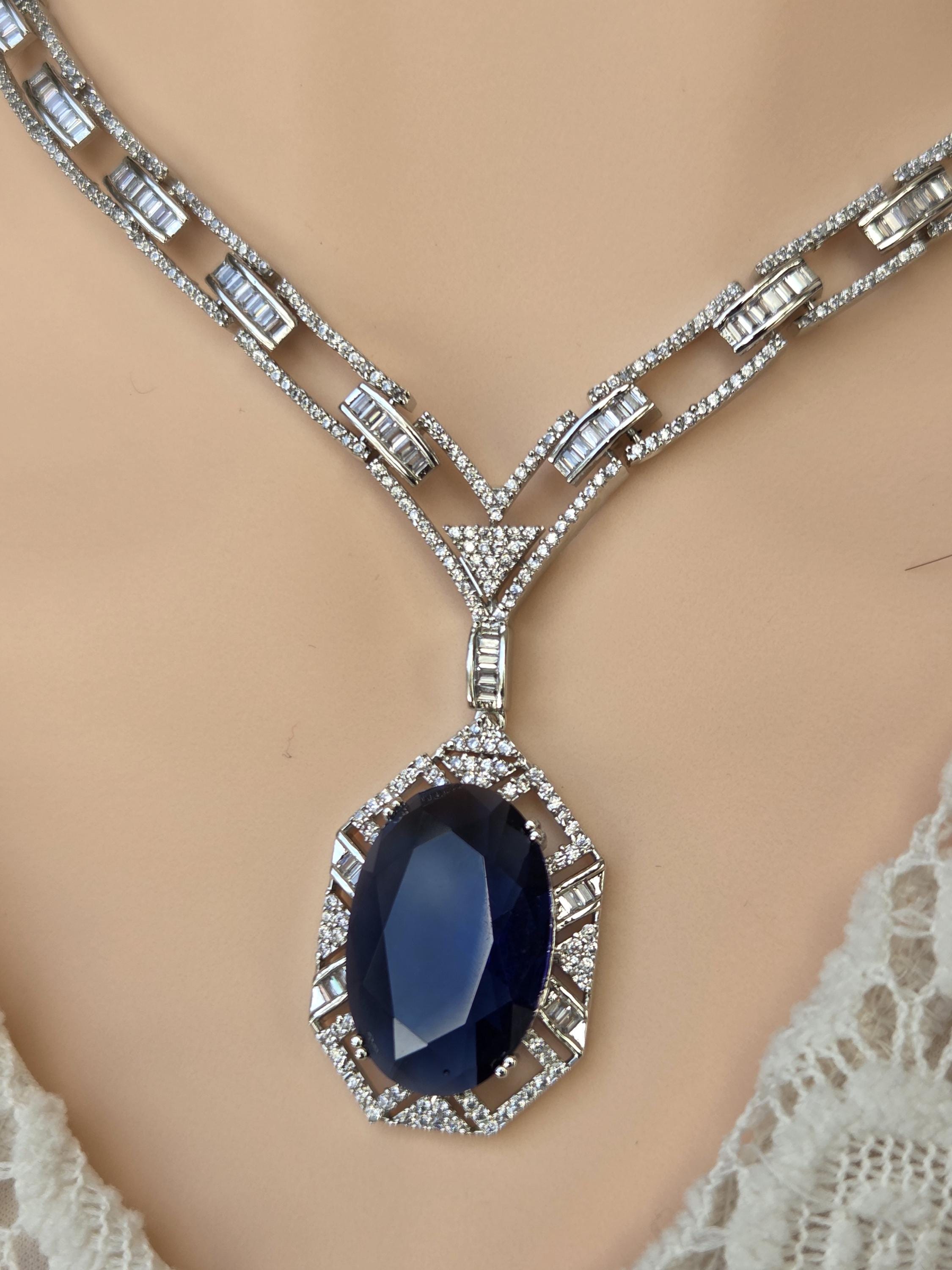 Royal Blue CZ Necklace Earrings Set | Silver Plated Bridal Statement Jewelry