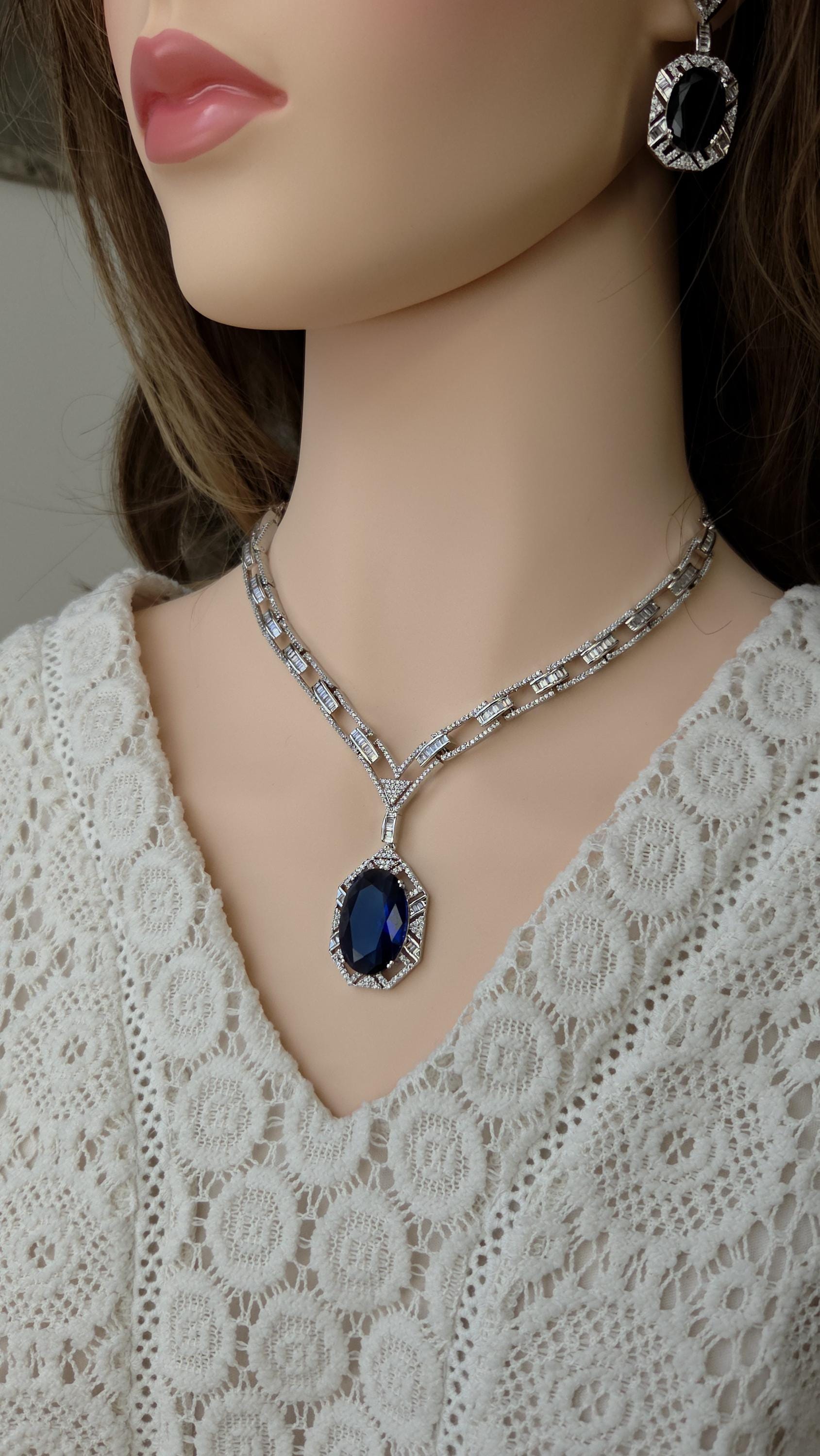 Royal Blue CZ Necklace Earrings Set | Silver Plated Bridal Statement Jewelry