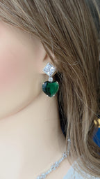 Emerald Green Heart CZ Necklace & Earrings Set – Silver Tone Jewelry