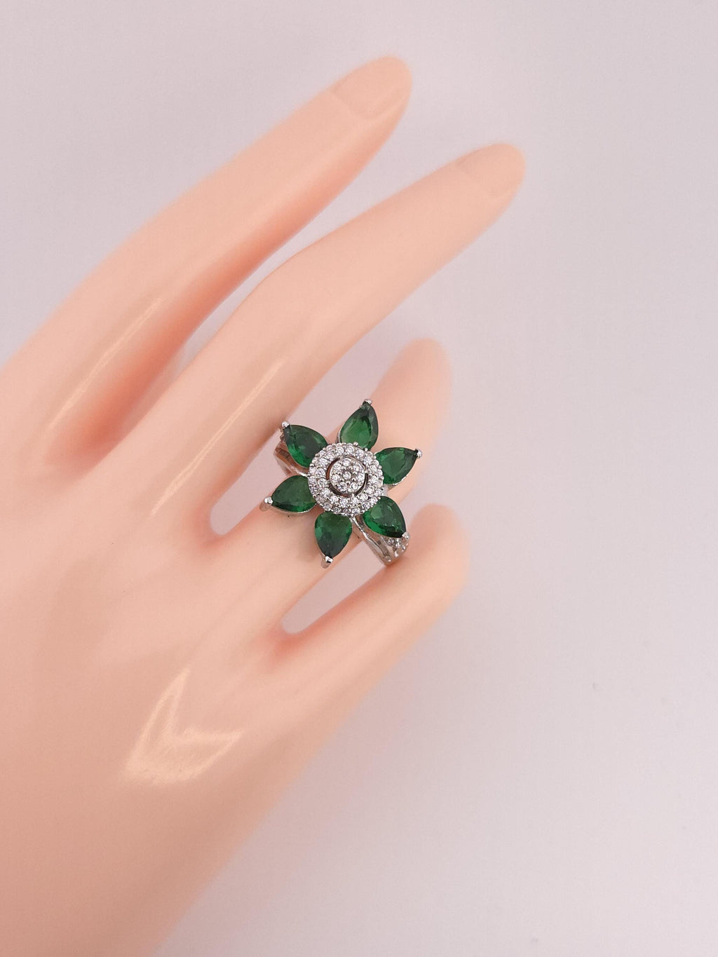 Adjustable Silver Plated Flower Ring, Cubic Zirconia Statement Cocktail Ring